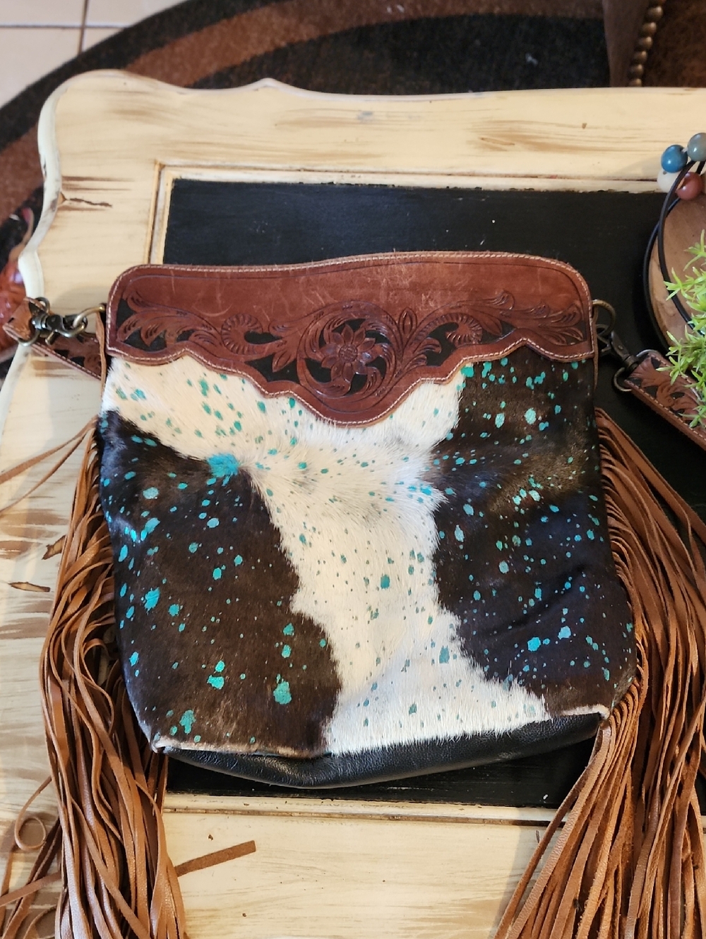 Fringe Cowhide Crossbody Bag with Turquoise Splatter